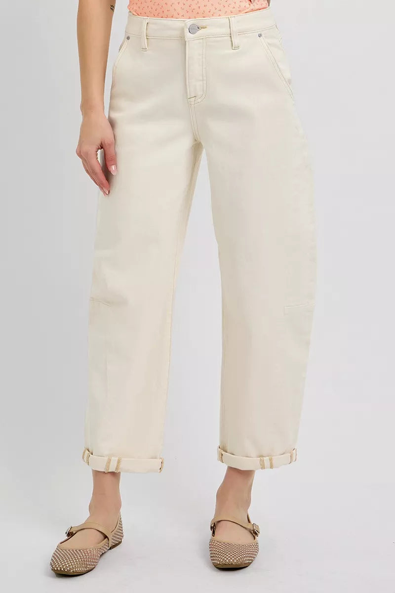 RISEN High Rise Relaxed Barrel Cuffed Jeans IVORY / 0 