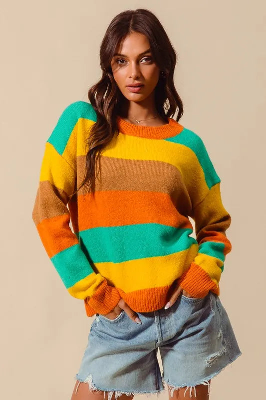 SO ME Multi Color Stripe Sweater with Ribbed Detail RUS/JAD/MUST/COFF / S 