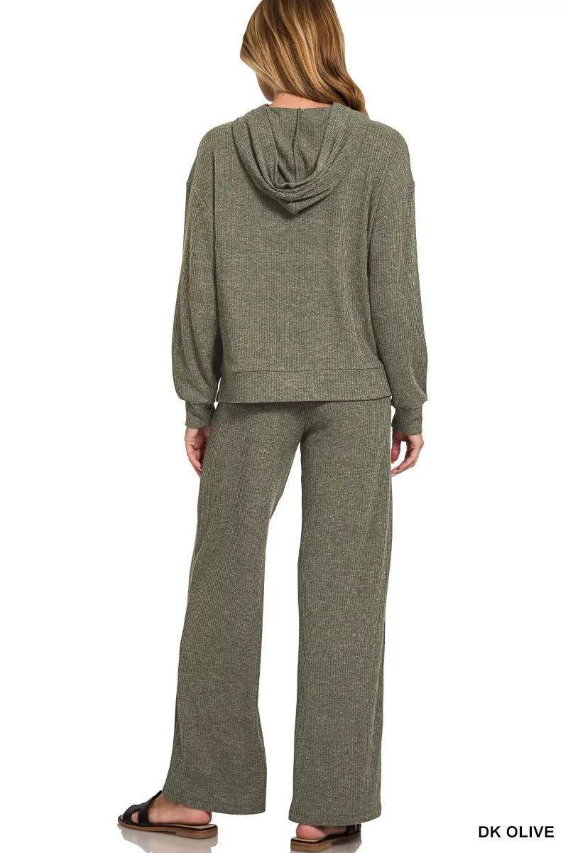 Zenana Ribbed Long Sleeve Hoodie DK OLIVE / S 