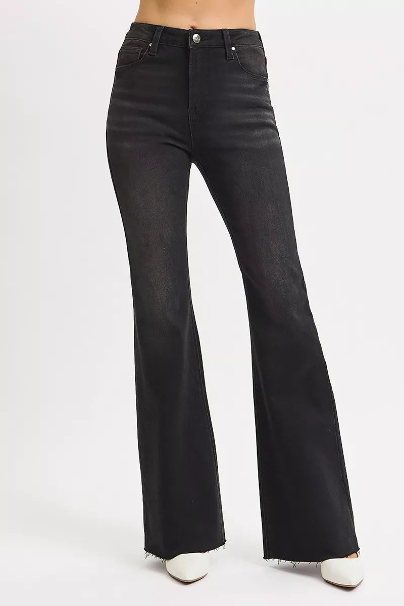 RISEN Full Size High Rise Flare Raw Cut Hem Jeans Plus Size BLACK / 0 