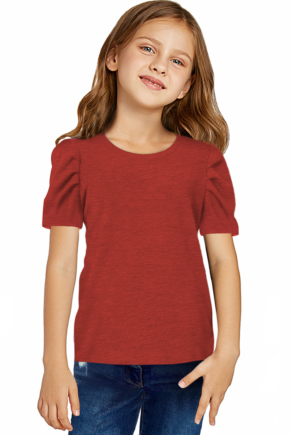 Round Neck Puff Sleeve T-Shirt Deep Red / S 