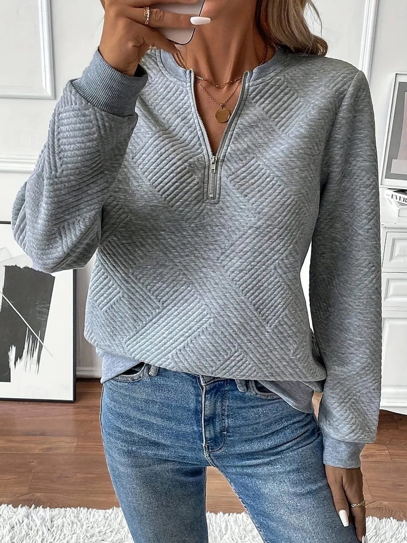 Quarter Zip Textured Long Sleeve Sweatshirt Gray / S 