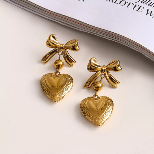 18K Gold-Plated Bow Heart Drop Earrings Gold / One Size 