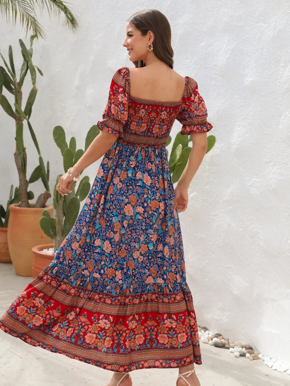 Floral Flounce Sleeve Midi Dress Caramel / S 