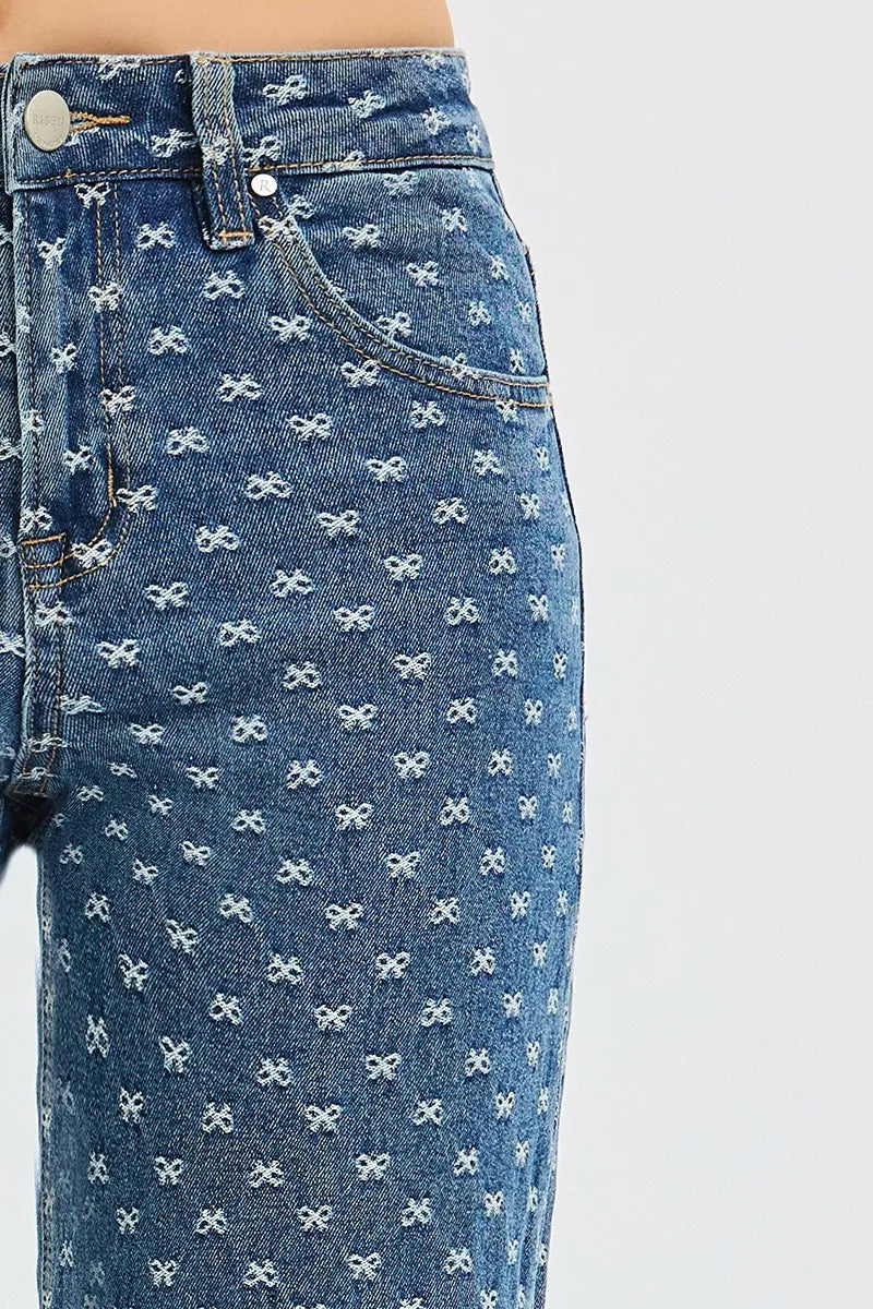 RISEN High Rise Wide Leg Bow Embroidered Jeans DARK / 0 