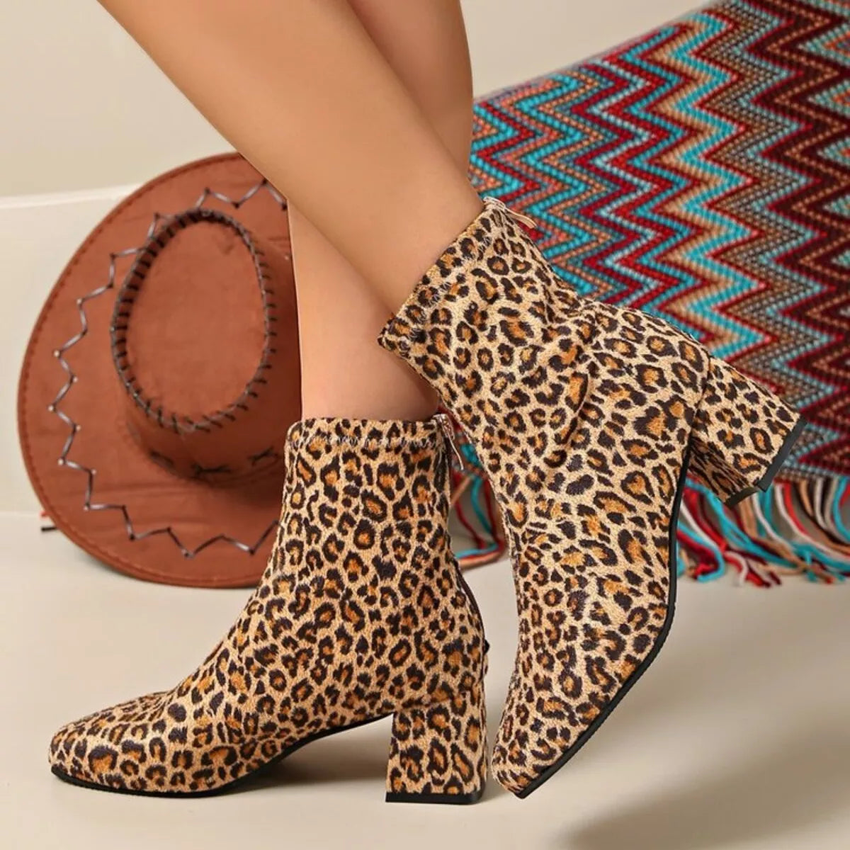 Block Heel Ankle Boots Leopard Print / 36 