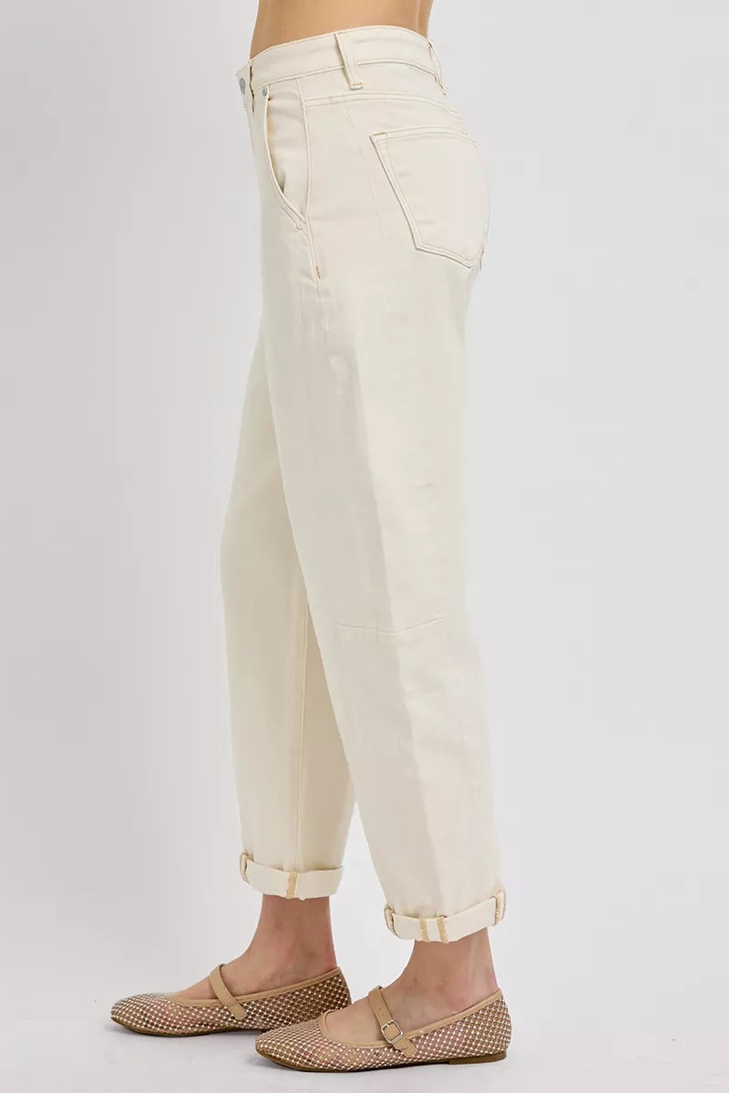 RISEN High Rise Relaxed Barrel Cuffed Jeans IVORY / 0 