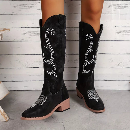Embroidered Round Toe Block Heels Boots Dark Brown / 36 
