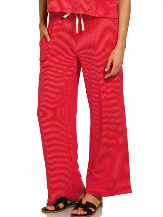 Zenana Raised Rib Short Sleeve Tee & Pants Set RUBY / S 