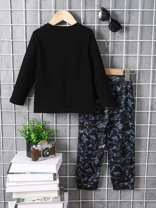 Children's Camouflage Color Block Top and Pants Set Black / 2-3 