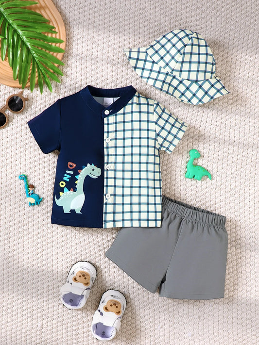 Children's Hat Dinosaur Plaid Button Up Top and Shorts 3-Piece Set Dark Navy / 6-9M 