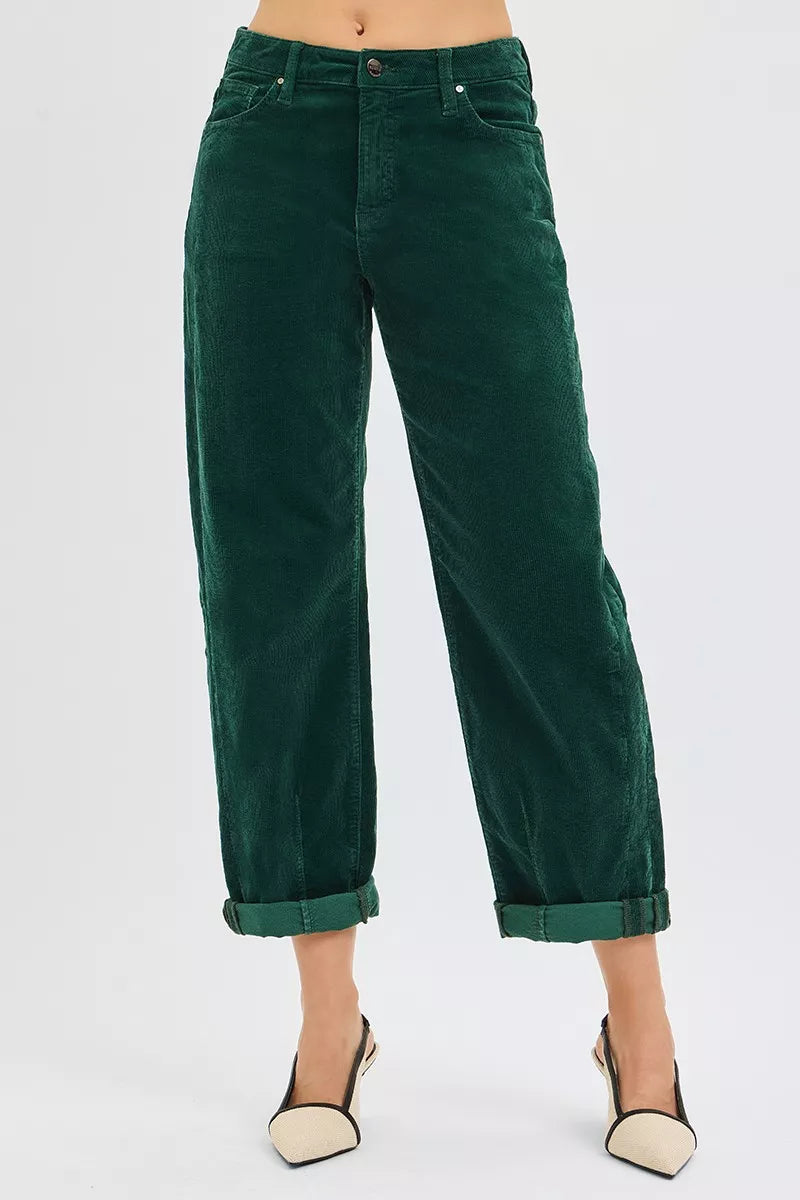 RISEN High Rise Crop Barrel Cordurory Pants HUNTER GREEN / 0 
