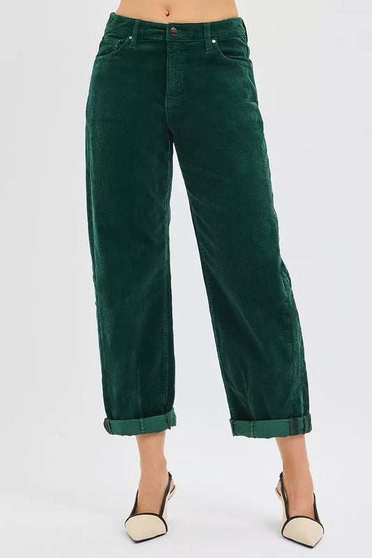 RISEN High Rise Crop Barrel Cordurory Pants HUNTER GREEN / 0 