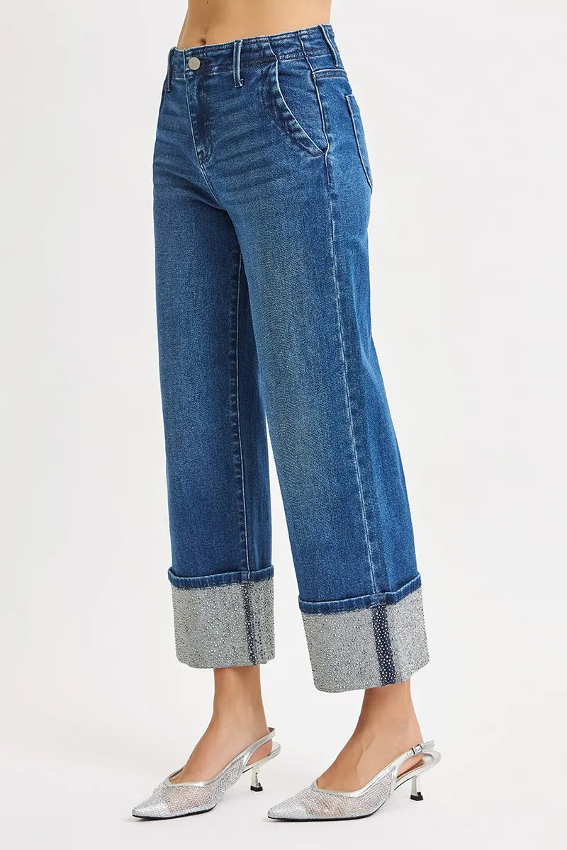RISEN High Rise Ankle Wide Rhine Stone Cuffed Jeans DARK / 0 