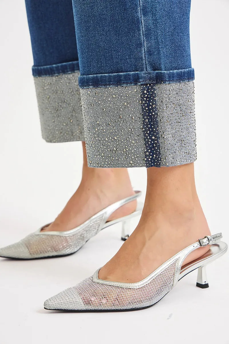 RISEN High Rise Ankle Wide Rhine Stone Cuffed Jeans DARK / 0 