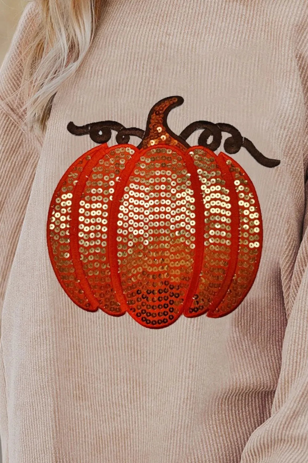 Sequin Pumpkin Round Neck Long Sleeve Sweatshirt Sherbet / S 