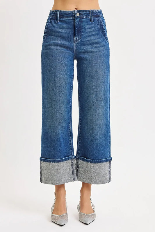 RISEN High Rise Ankle Wide Rhine Stone Cuffed Jeans DARK / 0 