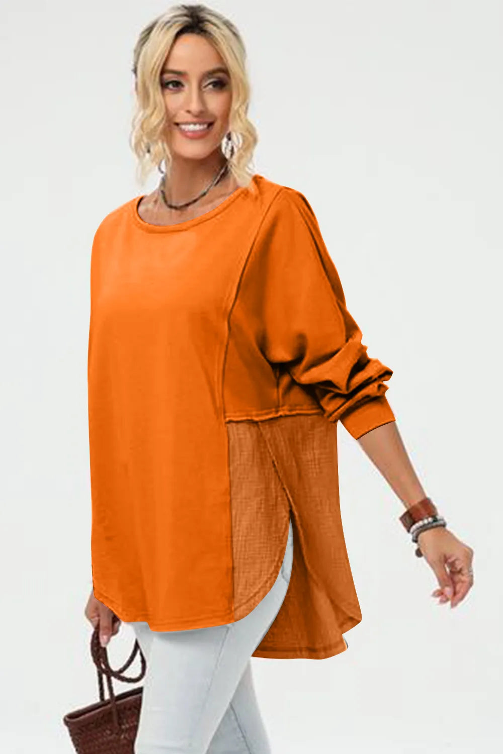 Double Take Full Size Long Sleeve High-Low T-Shirt Tangerine / S 