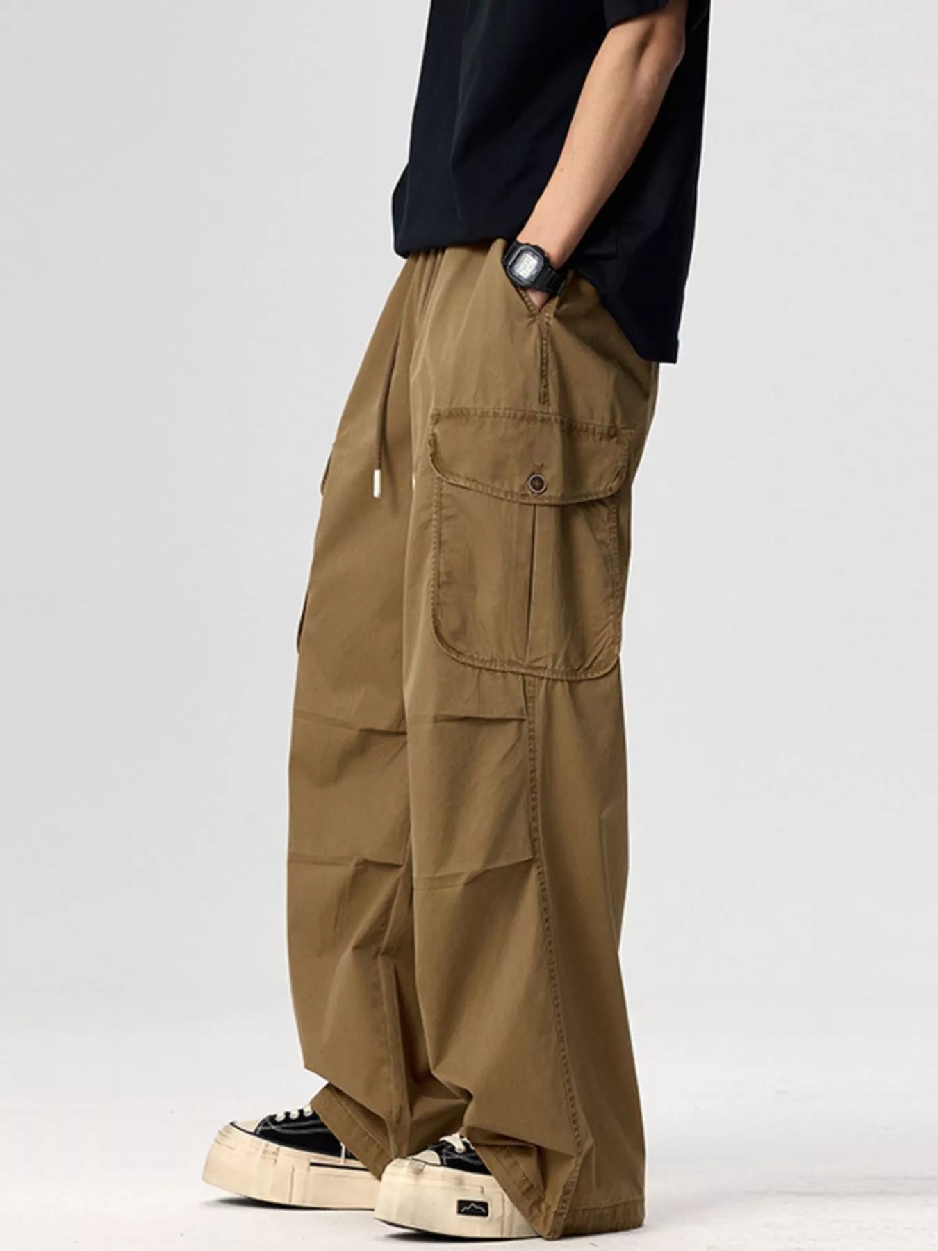 Men's Plus Size Drawstring Wide Leg Cargo Pants Deep Khaki / M 