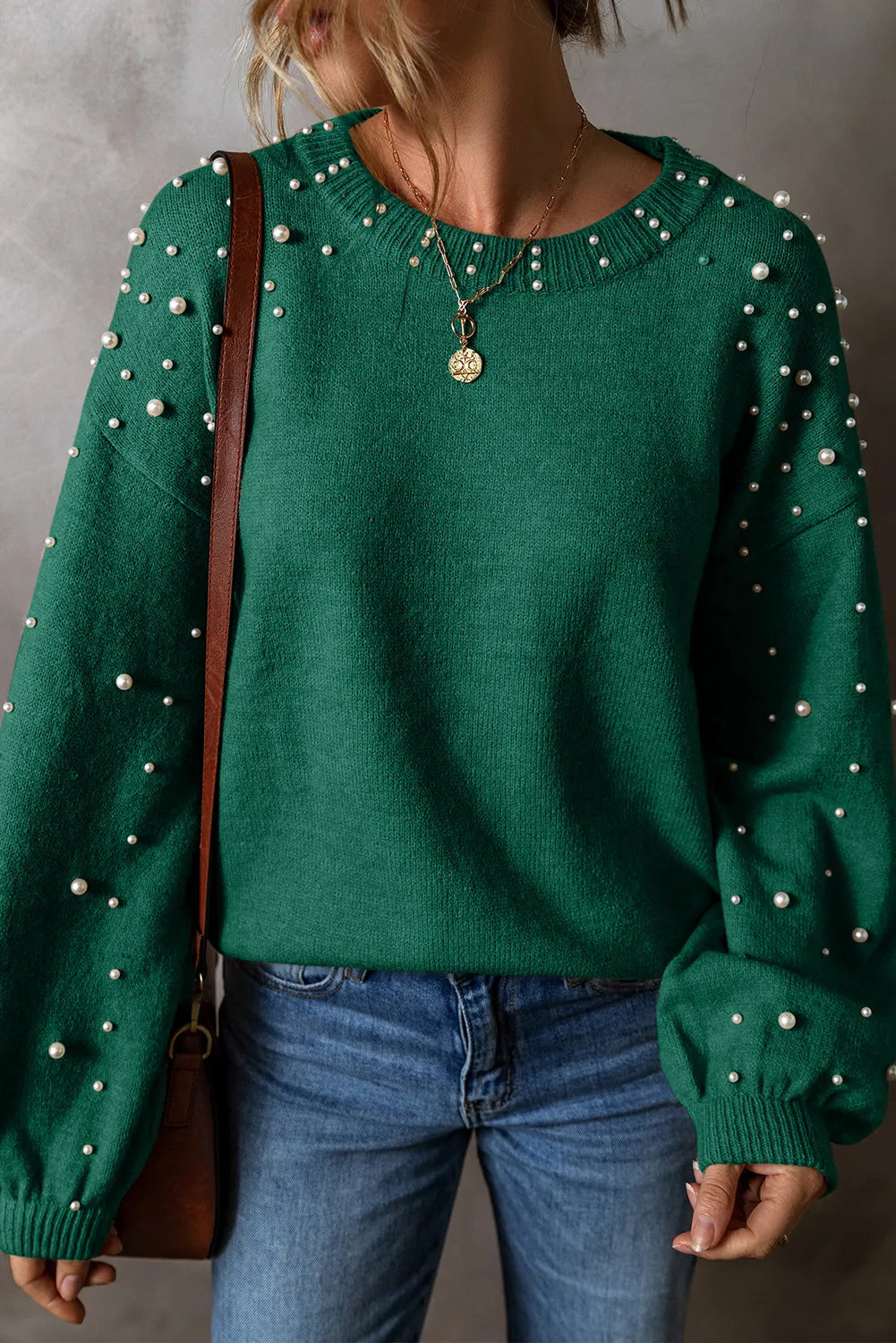 Pearl Detail Round Neck Long Sleeve Sweater Black / S 