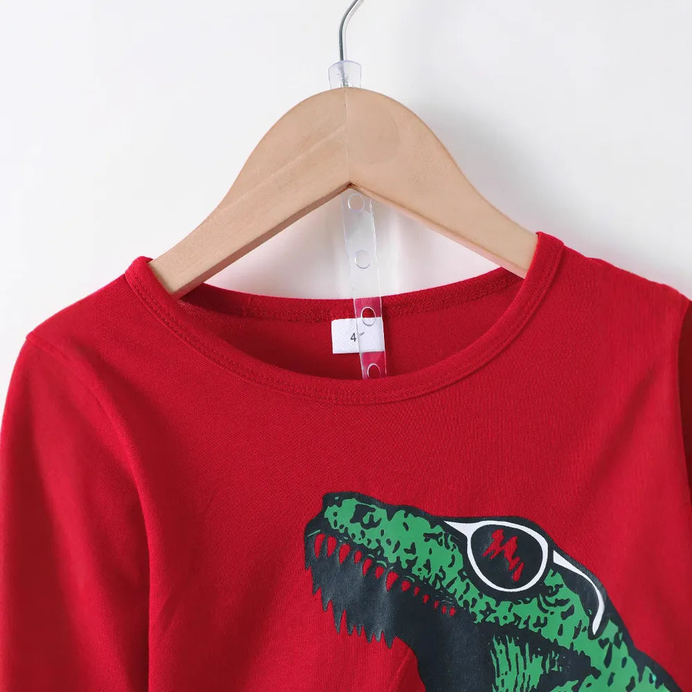 Dinosaur Round Neck Long Sleeve Top and Distressed Pants Set Deep Red / 4Y 