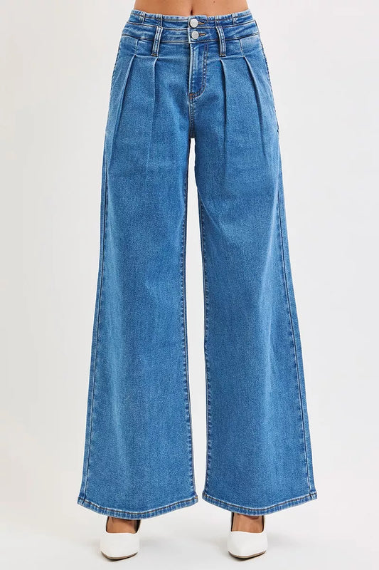 RISEN Full Size Mid Rise Fit Wide Leg with Pleated Detail Jeans Plus Size MEDIUM / 0 