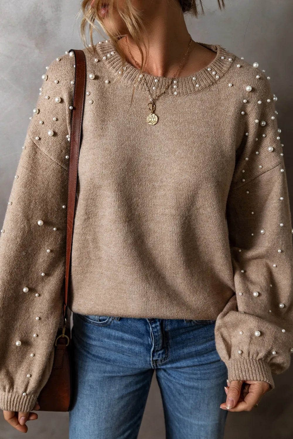 Pearl Detail Round Neck Long Sleeve Sweater Black / S 
