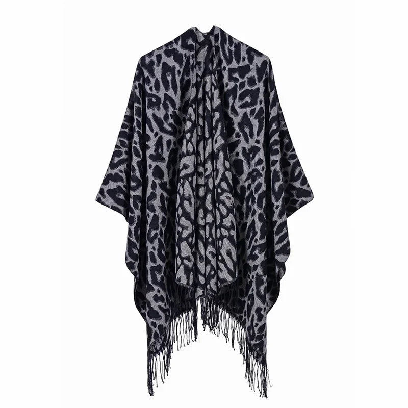 Jantiny© Women’s Winter Poncho & Scarf 5Leopard-black gray 