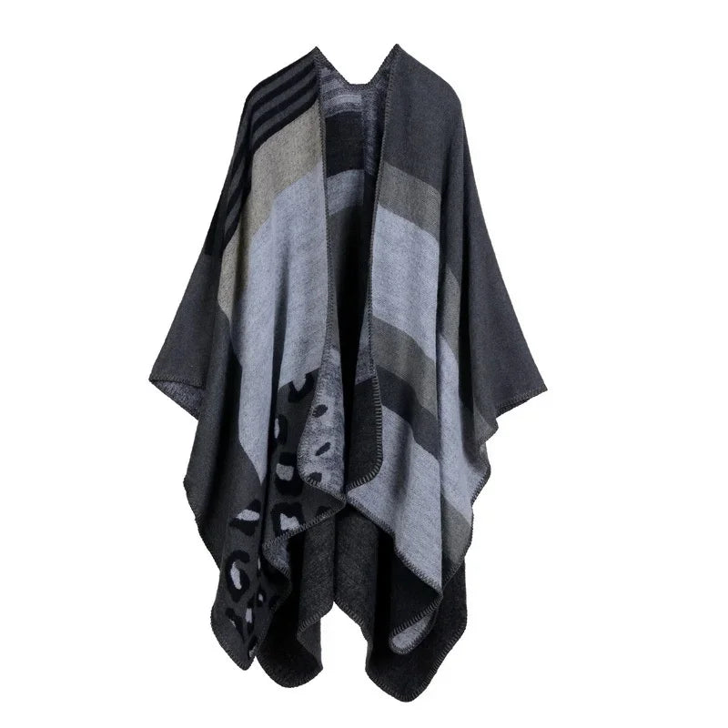 Jantiny© Women’s Winter Poncho & Scarf 5Leopard-black gray 