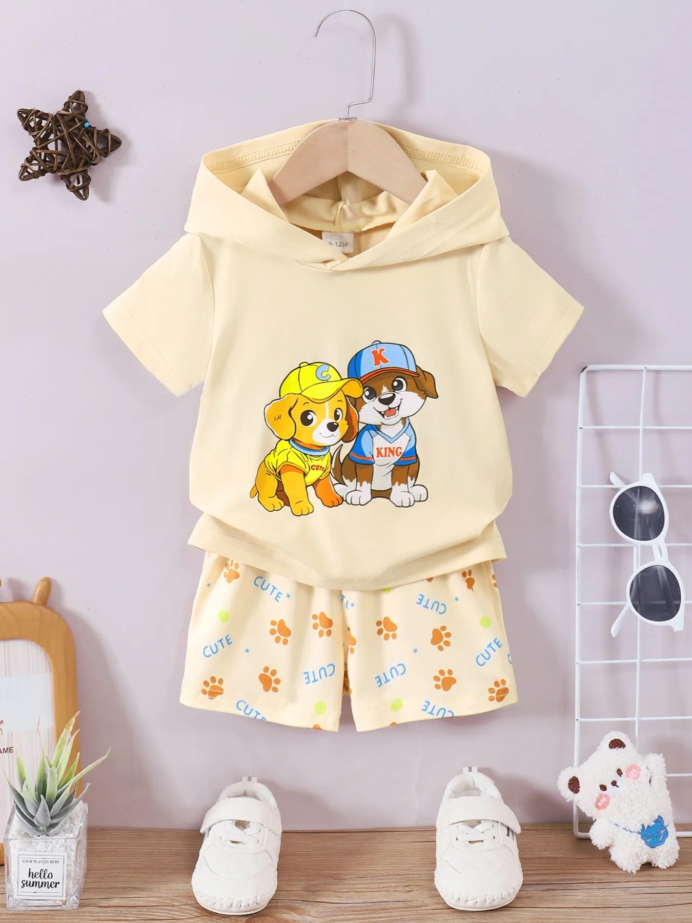 Children's Dog Short Sleeve Hoodie and Shorts Set Pastel Yellow / 6-9M 