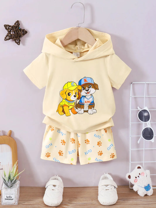 Children's Dog Short Sleeve Hoodie and Shorts Set Pastel Yellow / 6-9M 