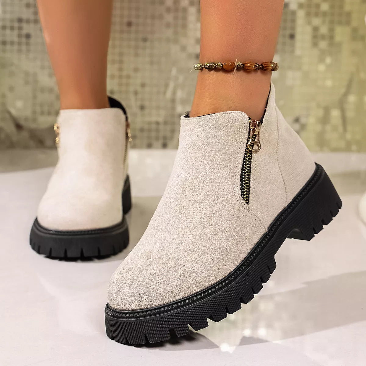 Round Toe Side Zip Ankle Boots Ivory / 36 