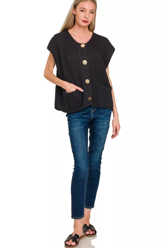 Zenana Button Down Sweater Vest with Front Pockets BLACK / S 