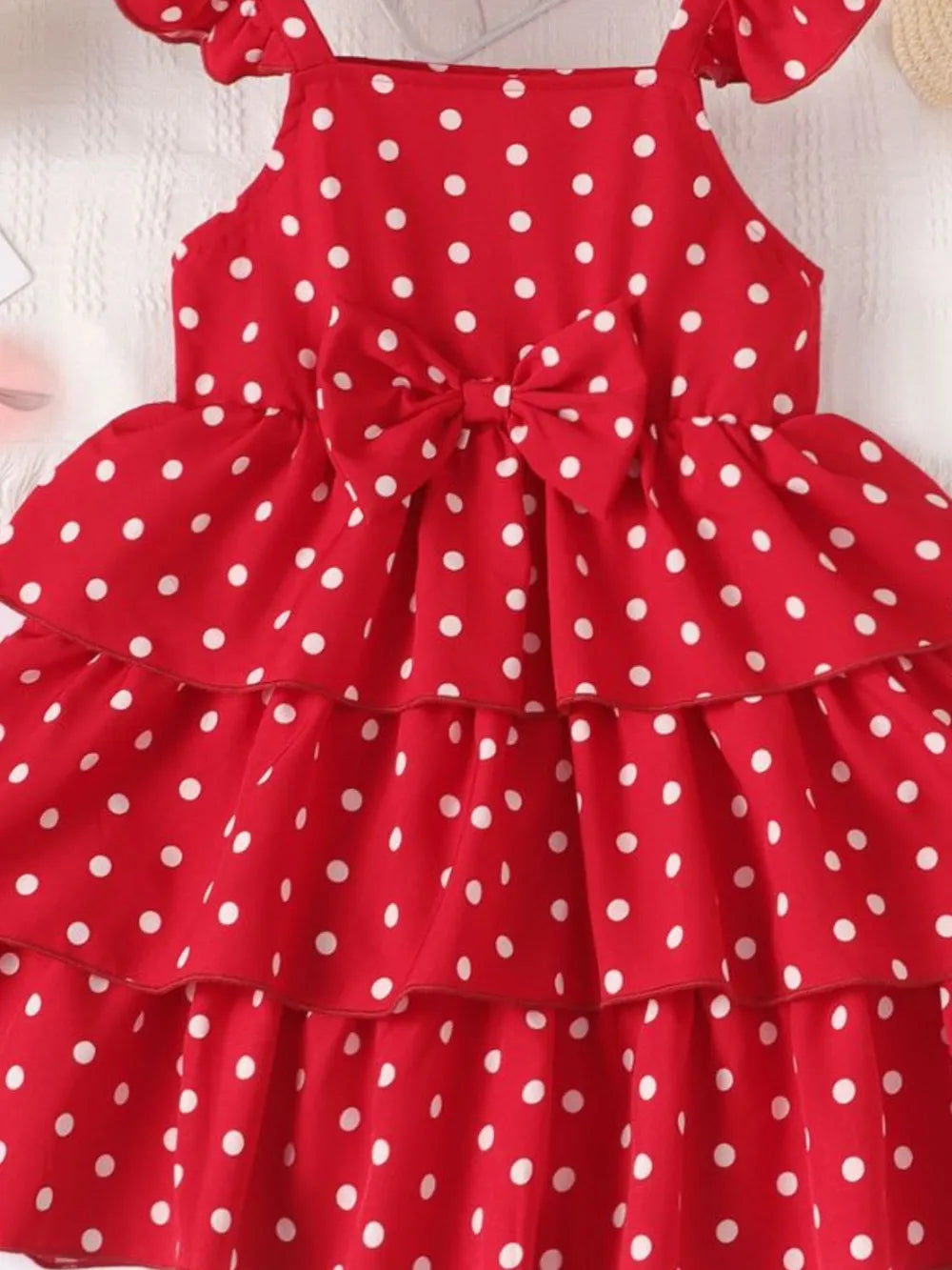 Bow Polka Dot Square Neck Layered Dress Scarlet / 18-24M 