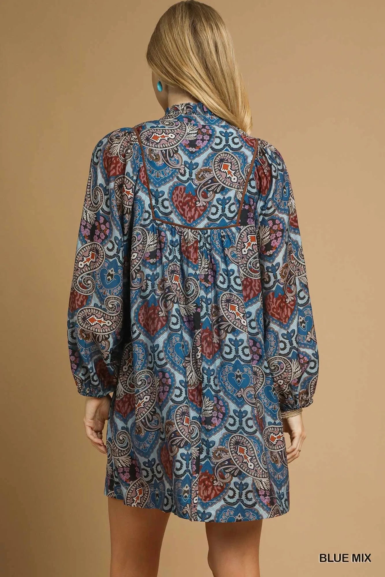 Umgee Boho Mix Paisley Babydoll Dress BLUE MIX / S 