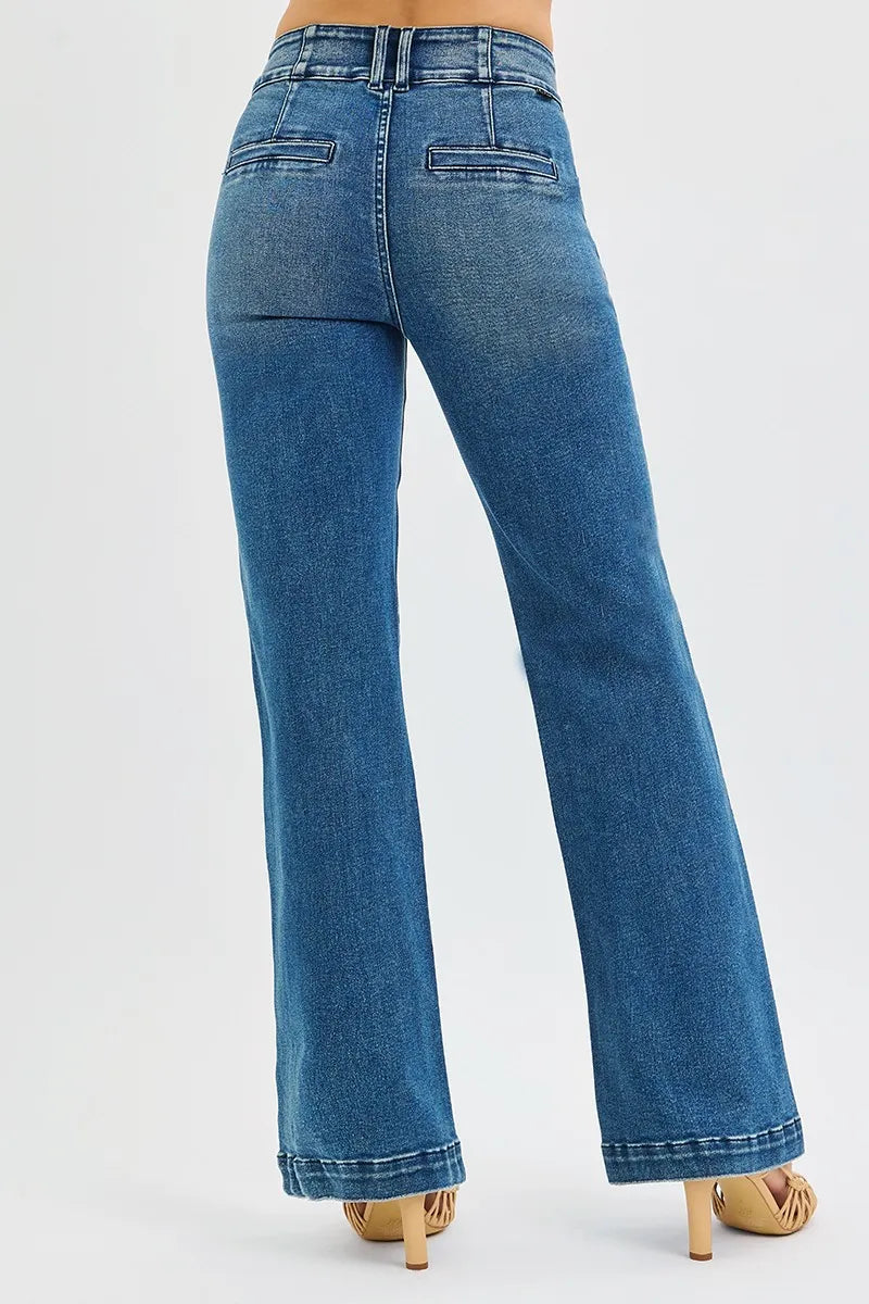 RISEN Full Size Tummy Control High Rise Bootcut Jeans with Double Button Waistband Plus Size DARK / 0 