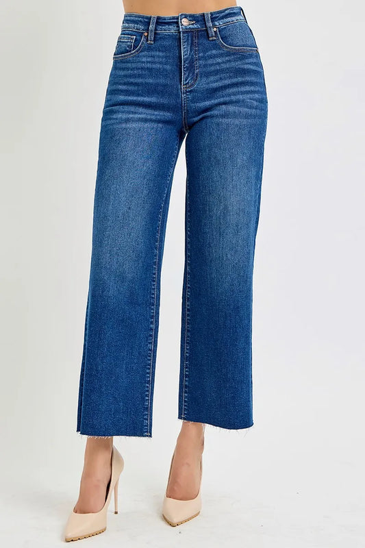 RISEN Full Size Tummy Control High Rise Wide Crop Jeans Plus Size DARK / 0 