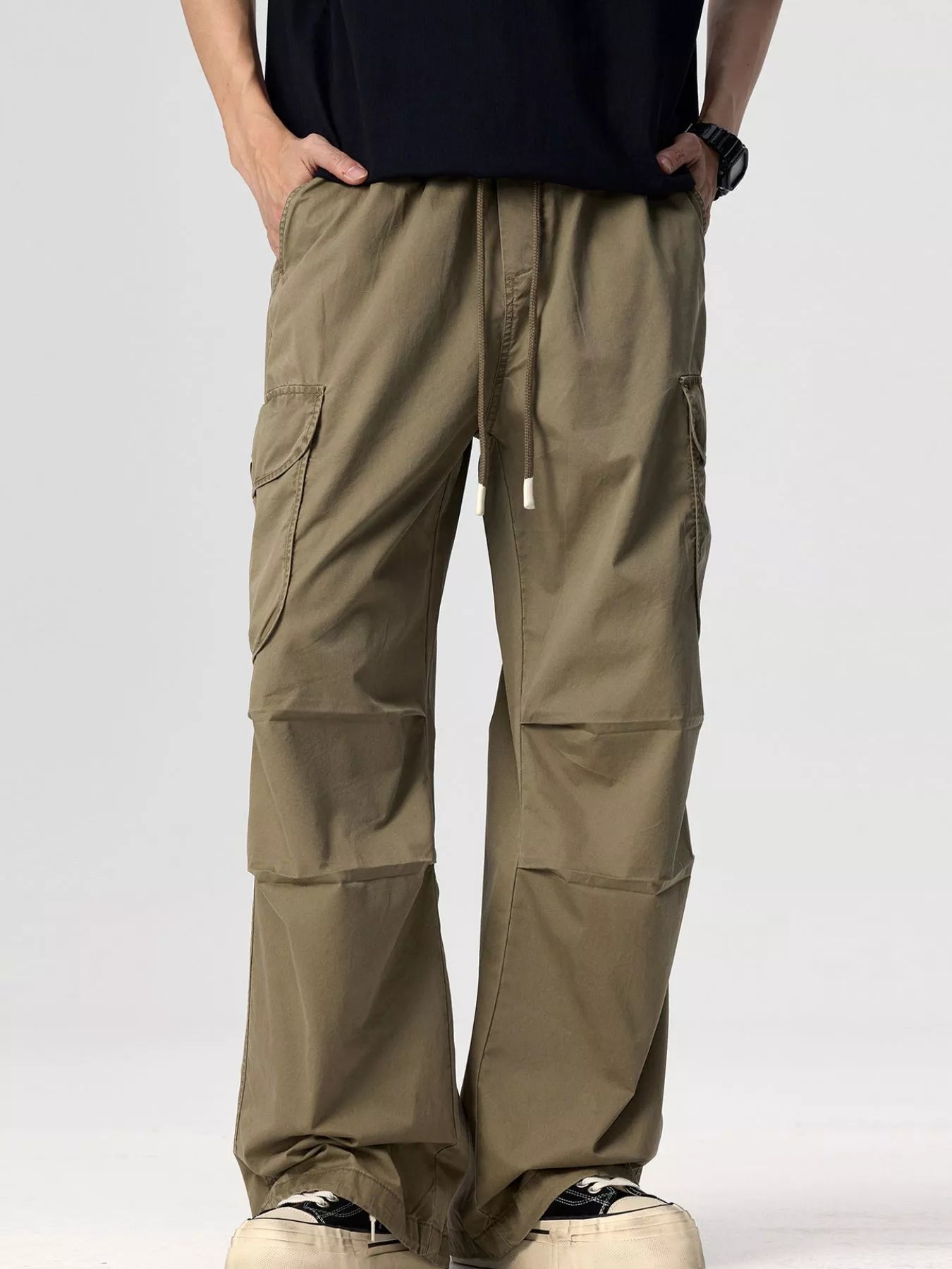 Men's Plus Size Drawstring Wide Leg Cargo Pants Deep Khaki / M 