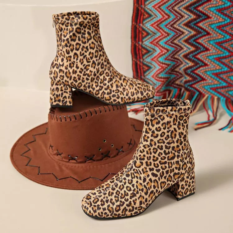 Block Heel Ankle Boots Leopard Print / 36 