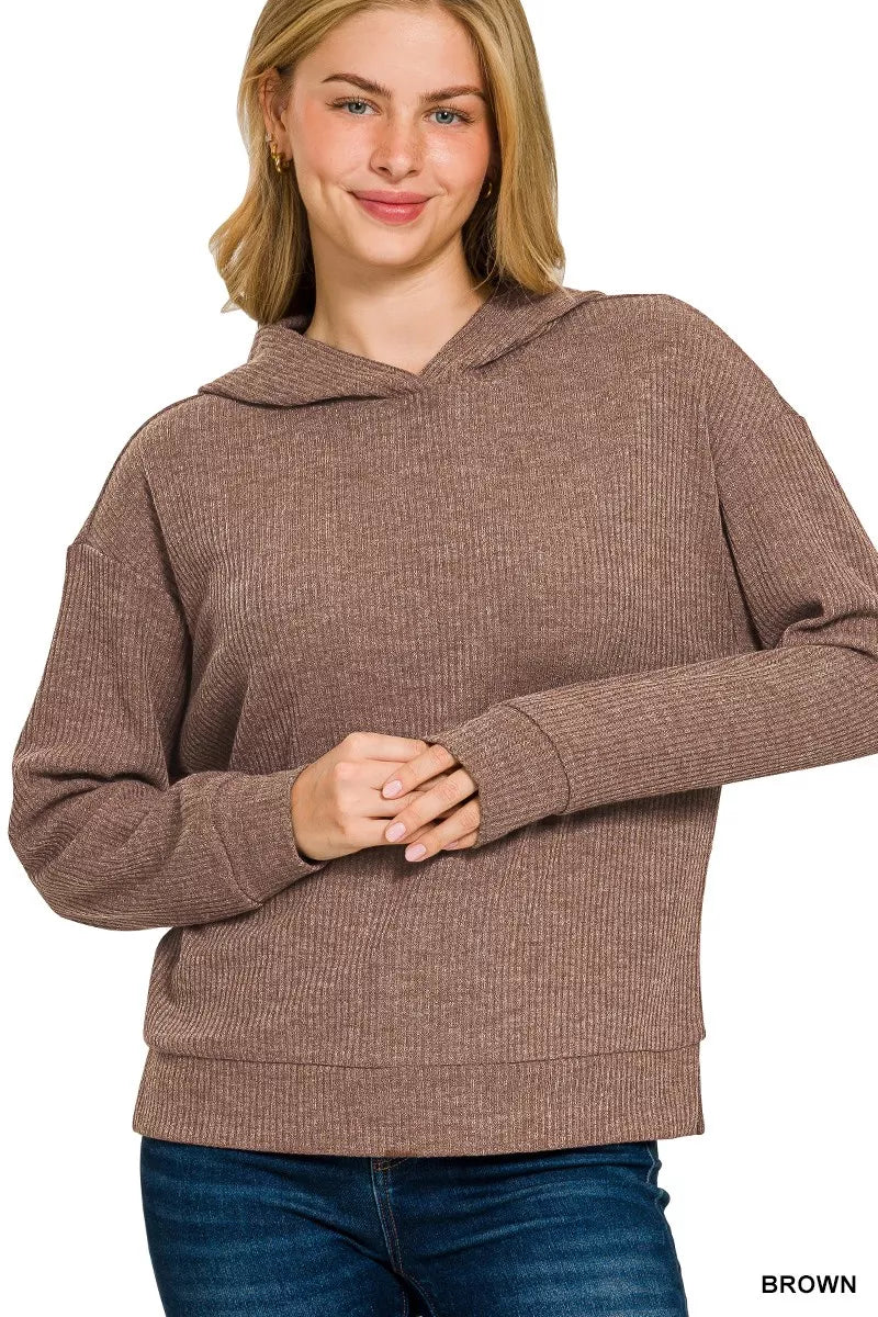 Zenana Ribbed Long Sleeve Hoodie BROWN / S 