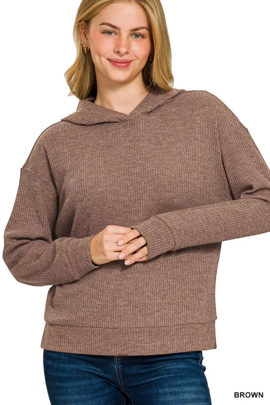 Zenana Ribbed Long Sleeve Hoodie BROWN / S 