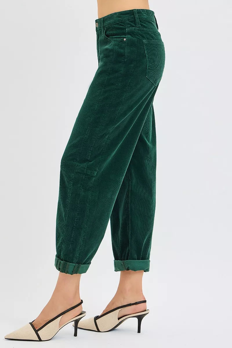 RISEN High Rise Crop Barrel Cordurory Pants HUNTER GREEN / 0 