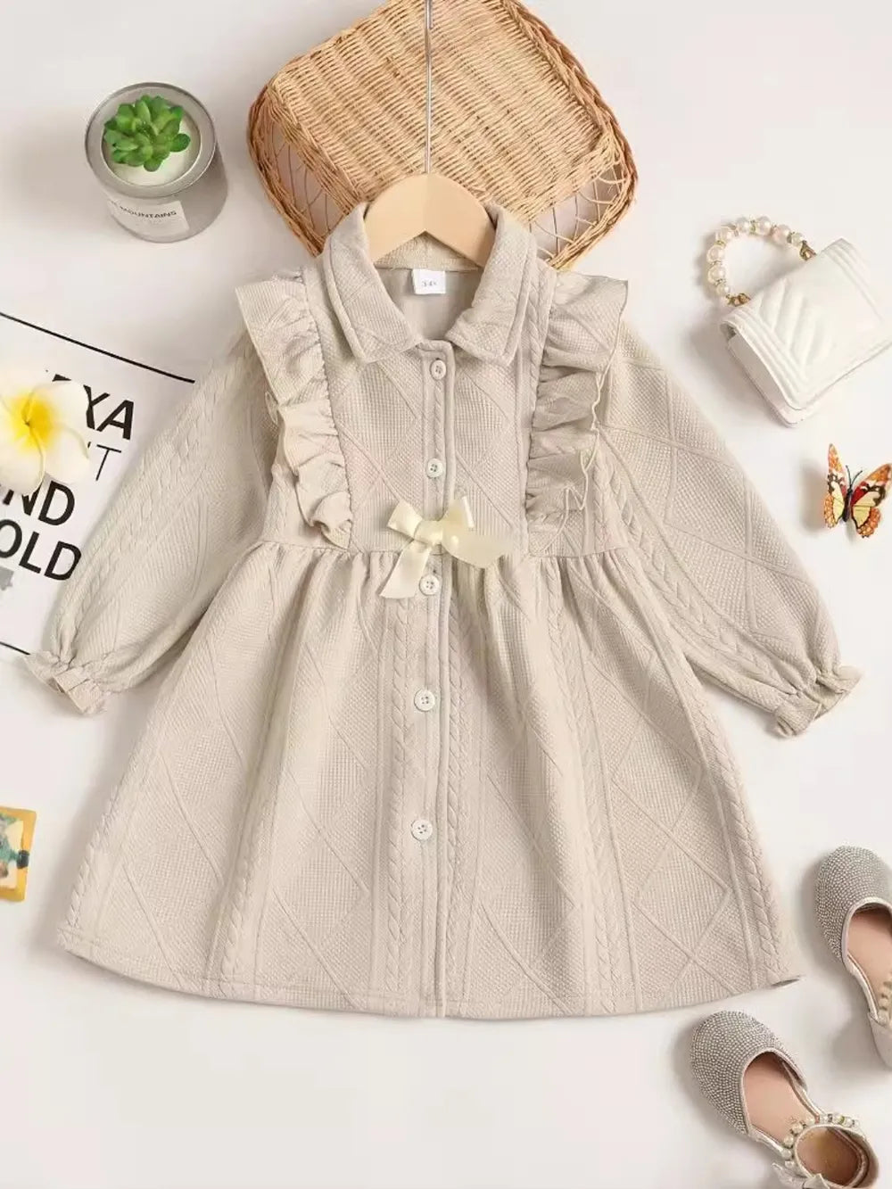 Children's Ruffled Bow Collared Neck Dress Beige / 12-18M 