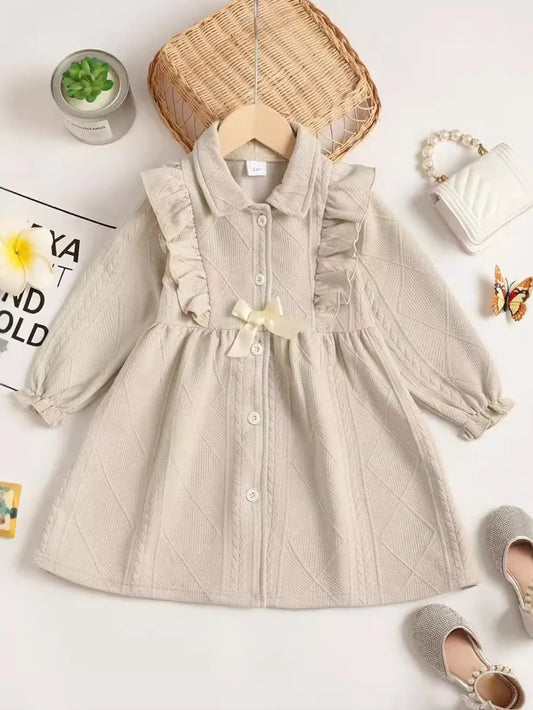Children's Ruffled Bow Collared Neck Dress Beige / 12-18M 