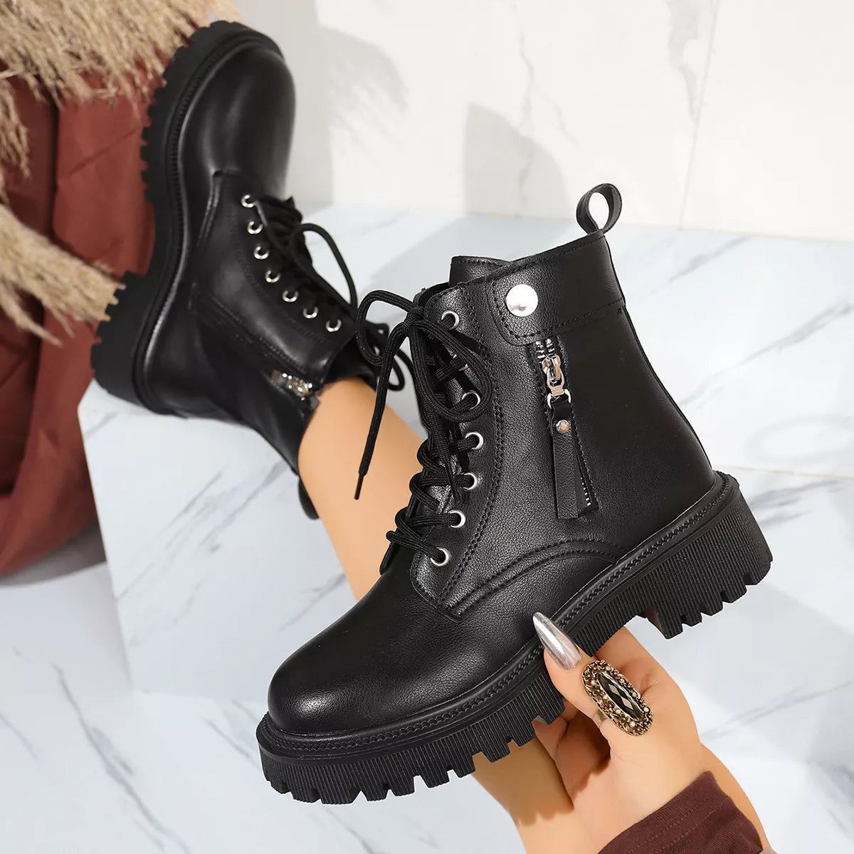 Round Toe Block Heels Boots Black / 35 