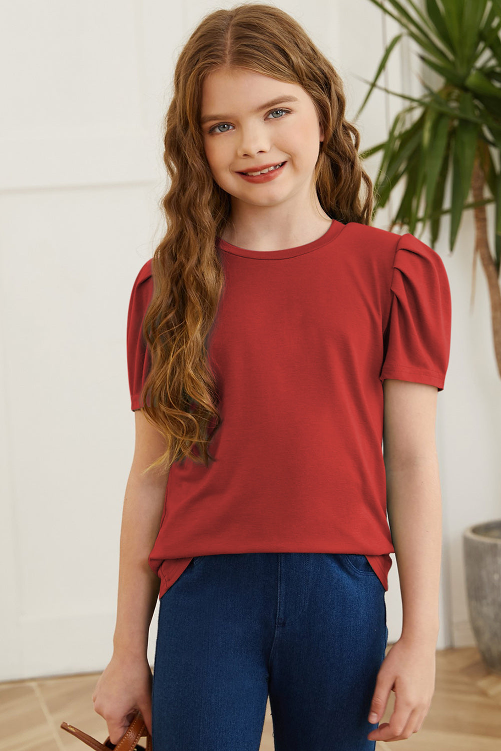 Round Neck Puff Sleeve T-Shirt Deep Red / S 