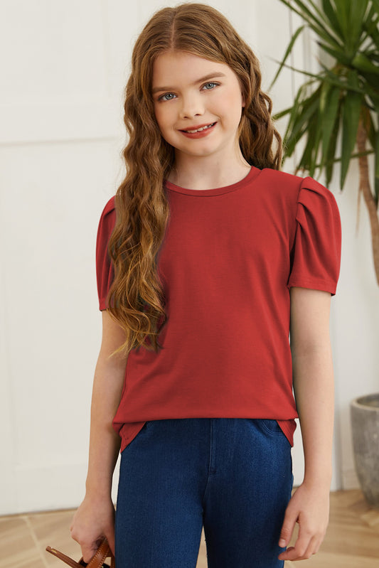 Round Neck Puff Sleeve T-Shirt Deep Red / S 