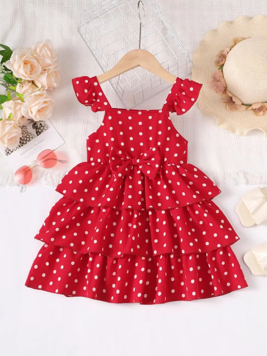Bow Polka Dot Square Neck Layered Dress Scarlet / 18-24M 
