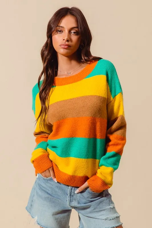 SO ME Multi Color Stripe Sweater with Ribbed Detail RUS/JAD/MUST/COFF / S 