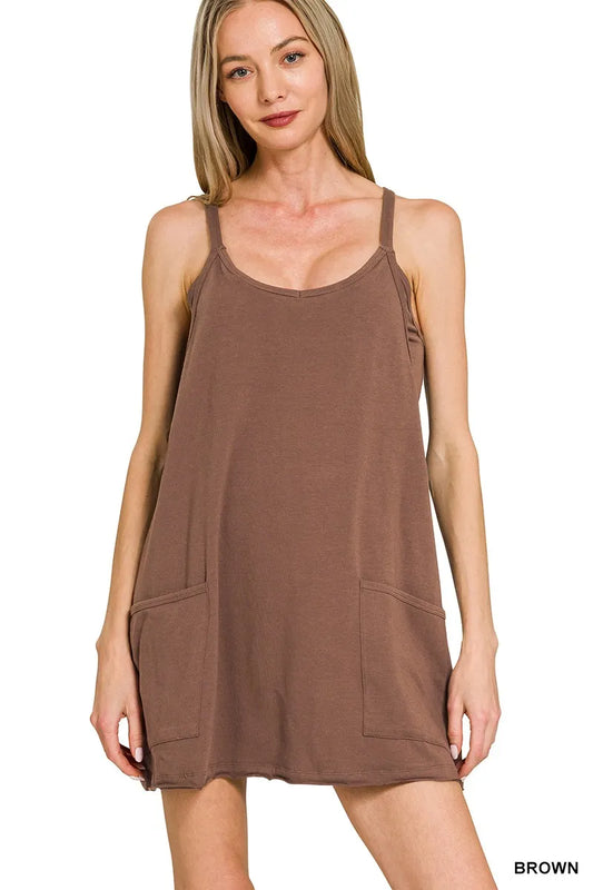 Zenana Cami Mini Dress with Built-in Romper Liner BROWN / S 